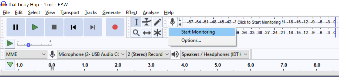 Start Monitoring in Audacity